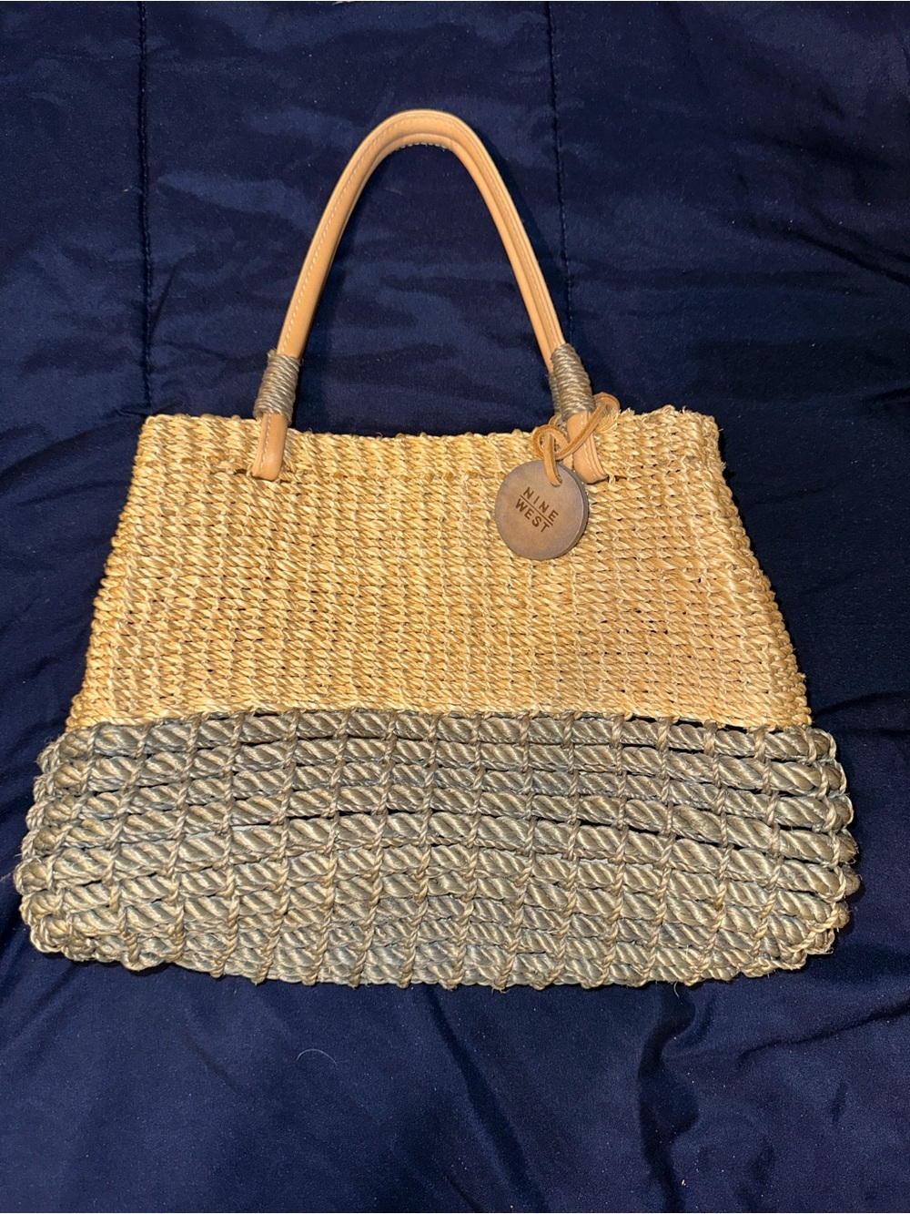 Vintage Nine West Two-Tone Woven Straw & Raffia Tote Bag